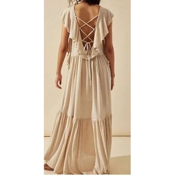 Free People Beach OB1733779 Women's Sz M Oatmeal Terrazo Linen Blend Maxi Dress - Picture 14 of 14